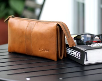 Handmade Leather Clutch Wallet: Full Grain Camel Pouch