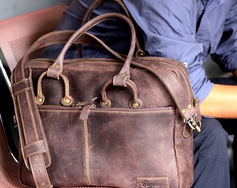 Crazy Horse Leather Laptop Bag: Vintage Dark Brown Briefcase