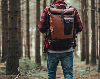 Full Grain Leather Roll Top Backpack, Vintage Travel Rucksack, 15 Inch Laptop Bag