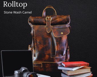 Antique Stone wash Full Grain leather on Camel Backpack Roll Top for Men Rucksack