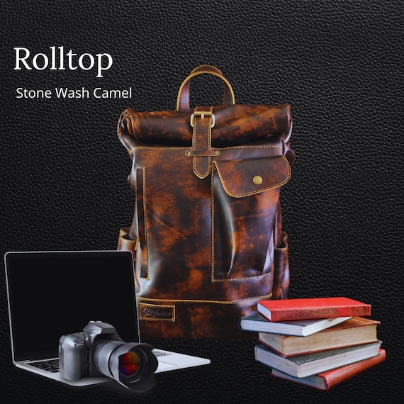 camel leather backpack mens Antique Stone wash Full Grain leather on Camel Backpack Roll Top for Men  Rucksack