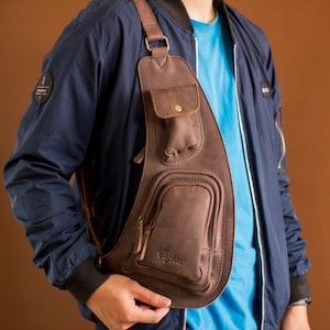 Boomerang, riñonera de cuero Crazy Horse hecha a mano, bolso bandolera de cuero para hombre, bolso de hombro para billetera de teléfono, bolso Retro marrón