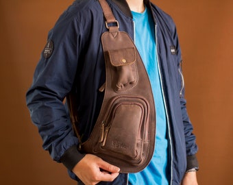 Leather Sling Bag for Men, Crazy Horse Crossbody Bag, Handmade Everyday Carry Travel Bag, Gift for Him