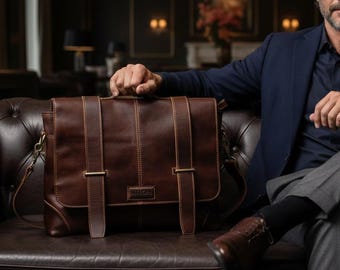 Full Grain Leather Briefcase, 14 Inch Laptop Messenger Bag, Business Work Satchel