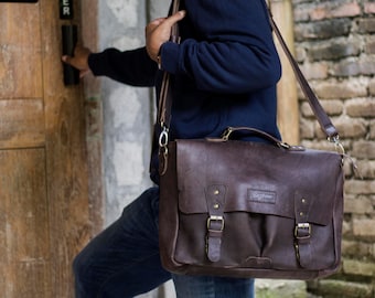 Handcrafted Leather Messenger Bag: Retro Work Briefcase, 14-inch Laptop Bag