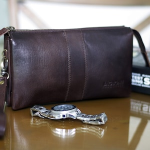 Bolsa de cuero Platine Darkbrown para hombre, bolsa de cuero Darkbrown con cremallera, billetera de cuero