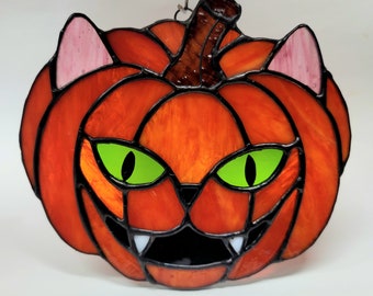 Cat-O-Lantern | Stained Glass Suncatcher | Halloween Pumpkin Kitty