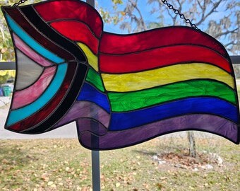 LGBTQ+ Progress Flag | Large Pride Flag Stained Glass Art Panel