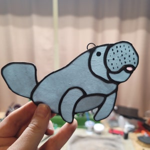 Playful Manatee Stained Glass Suncatcher | Cute Animal Art