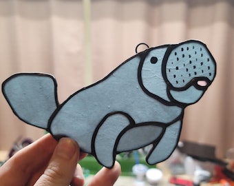 Playful Manatee Stained Glass Suncatcher | Cute Animal Art