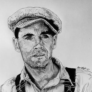 May include: Black and white drawing of a man wearing a cap and overalls. The man has a serious expression on his face. The drawing is signed "Bye Whipp 7-21".