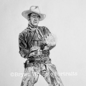 May include: A black and white pencil drawing of a man wearing a cowboy hat and chaps. The man is holding a gun in his right hand. The drawing is signed "Bryan Whipple - 19" in the bottom right corner.