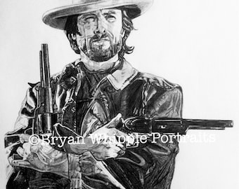 Clint Eastwood skiss porträtt begränsad upplaga signerad numrerad giclée konsttryck