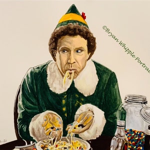 May include: A painting of Buddy the Elf from the movie Elf, wearing a green and yellow elf costume, eating spaghetti with a fork. He is sitting at a table with a jar of candy and a bottle of syrup. The painting is signed "Bryan Whipple - 21" in the bottom left corner and "©Bryan Whipple Portraits" in the top right corner.