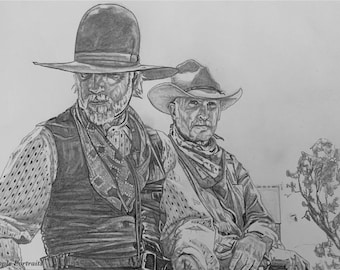 Woodrow Call et Gus McCrae Lonesome Dove sketch portrait édition limitée, impression giclée numérotée et signée