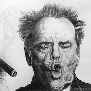 May include: Black and white pencil drawing of a man with a moustache blowing a smoke ring from a cigar. The drawing is signed "By J. Swift 20" and "Bryan Whipple Portraits".