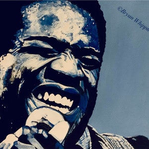 May include: A blue and white watercolor painting of a man singing into a microphone. The man is smiling and has a white background behind him. The painting is signed "Bryan Whipple Portraits" in the bottom right corner.