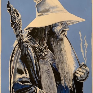 May include: A black and white illustration of a wizard with a long white beard, wearing a white pointed hat and holding a staff. He is smoking a pipe and the smoke is curling up in the air. The background is a light blue color.