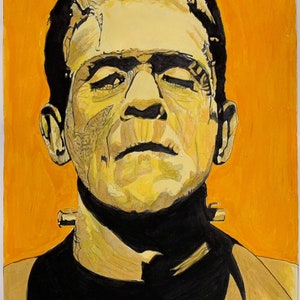 Op de afbeelding: Een aquarel schilderij van Frankenstein's monster in een geel en zwart kleurenschema. Het monster heeft een serieuze uitdrukking en kijkt recht naar de kijker. De achtergrond is een heldere oranje kleur.