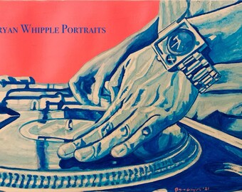 May include: A blue and white watercolor painting of a person's hands on a turntable. The person is wearing a watch with a blue face. The painting is signed "Bryan Whipple '21".