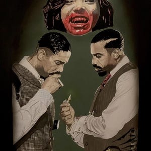 May include: A digital illustration featuring two men in vintage attire, one lighting a cigarette for the other. Above them is a floating head with dark hair and blood-stained teeth. The text Bryan Whipple Portraits is visible at the bottom.