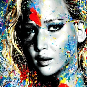 May include: A close-up portrait of a woman with colorful paint splatters on her face and hair. The background is also covered in colorful paint splatters.
