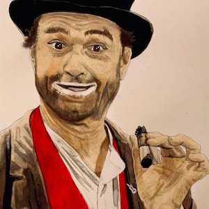May include: A watercolor painting of a man with a white mustache and beard, wearing a black top hat and a red vest. He is holding a small brown object in his right hand and smiling.