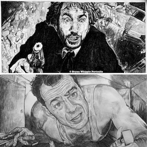 May include: Black and white pencil drawing of two men's faces. The top image shows a man with a beard and a gun in his hand. The bottom image shows a man with a serious expression looking up.