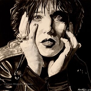 May include: Black and white portrait painting of a person with dark hair and dark eye makeup. The person is wearing a black leather jacket and has their hands on their face.