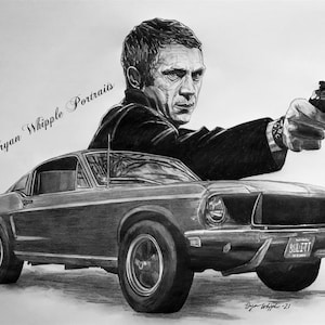 Bullitt Steve McQueen 1968 Ford Mustang GT fastback original sketch Gicleé art prints