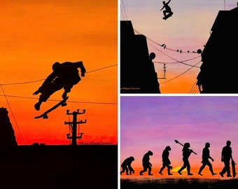 Scènes de silhouette de skateboard, peintures originales, édition limitée, impression giclée numérotée et signée