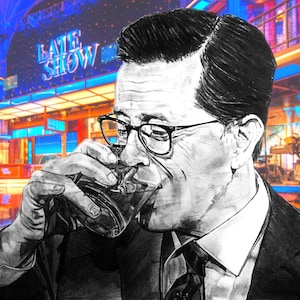 May include: A black and white pencil drawing of a man wearing glasses and a suit, drinking from a glass. The background is a blurred image of a stage with the words "Late Show" on a sign.