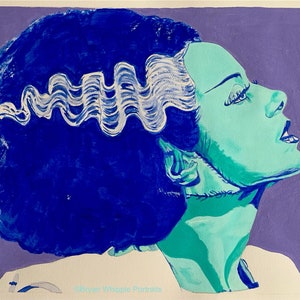Op de afbeelding: Een blauwe en groene illustratie van een vrouw met wit haar, geïnspireerd door het klassieke horrorfilmkarakter Frankenstein's Monster. Het kunstwerk is gesigneerd "Brynnwright - 22" en genummerd "1/2".