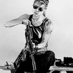 May include: Black and white illustration of a woman wearing sunglasses and a tank top, holding a rifle. She is sitting on a wooden surface. The image is signed "Bryan Whipple Portraits".