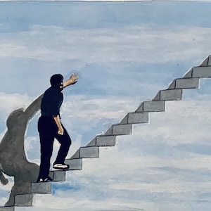May include: A painting depicting a person ascending a staircase that leads into the clouds. The person is extending their right hand, as if to grasp something. The person's shadow is visible behind them, seemingly reaching out to assist them.