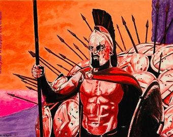 May include: A painting of a Spartan warrior in red armor, holding a spear and standing in front of a wall of shields. The background is a vibrant orange and pink.