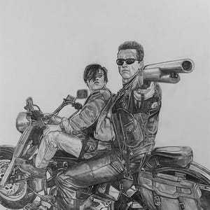 May include: A black and white drawing of two people riding a motorcycle. The person in the back is holding a shotgun and wearing sunglasses. The person in the front is wearing a leather jacket and jeans.