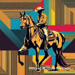May include: A cowboy riding a brown horse against a colorful geometric background. The horse is in motion, with its tail flowing behind it. The cowboy is wearing a brown hat and a light brown shirt. The background is made up of squares and rectangles in shades of yellow, blue, red, and brown.