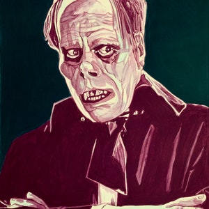 May include: A hand-drawn illustration of a man with a disfigured face, wearing a dark suit and a white shirt. The illustration is done in shades of purple and green.