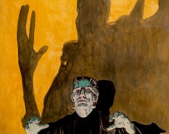 Può includere: Un dipinto ad acquerello della creatura di Frankenstein con una grande ombra dietro di lui. La creatura indossa un abito nero e ha un viso verde. Lo sfondo è di colore giallo-arancione.