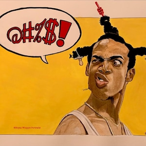May include: A hand-drawn illustration of a man with a surprised expression. He has a unique hairstyle with multiple buns, each with a different accessory. The man is wearing a white vest top and is looking to the right. A speech bubble above his head contains the text "@#$!". The background is yellow.