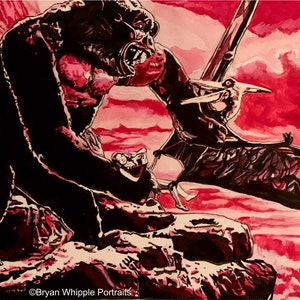 King Kong (1933) che combatte contro uno pterodattilo dipinto originale stampe artistiche Gicleé