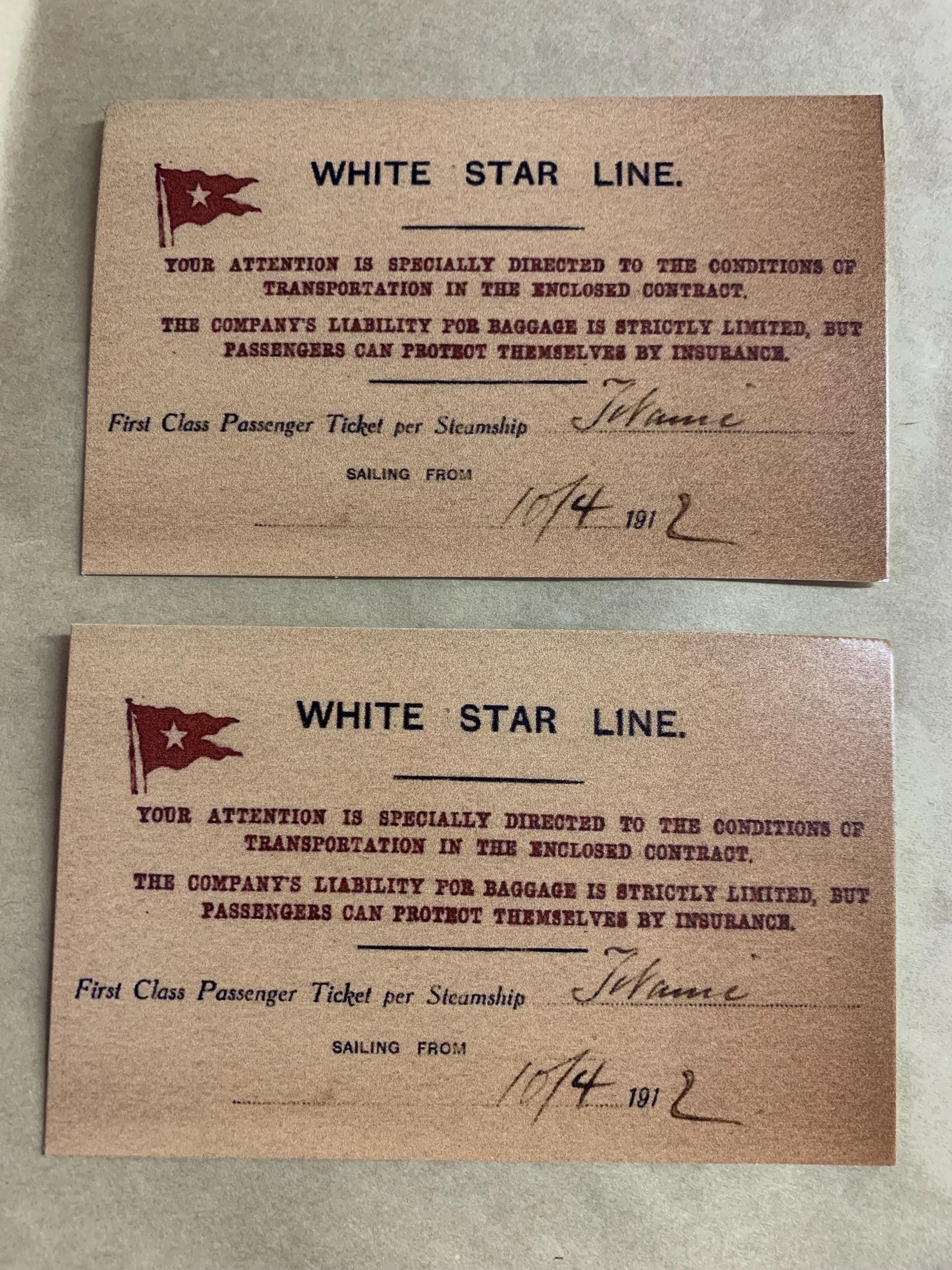 Titanic White Star Line First Class Maiden Voyage Ticket Replica