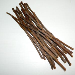 May include: A bundle of thin, straight, brown wooden twigs arranged in a parallel cluster. Each individual twig features a textured bark surface with small, subtle nodes and variations in thickness, showing a natural, raw, and unrefined appearance.