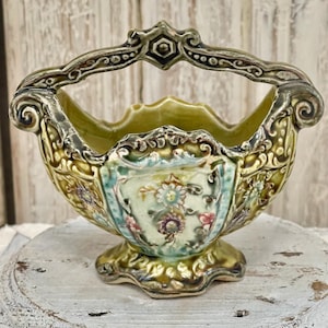 Antique French Floral Majolica Basket/Cache Pot