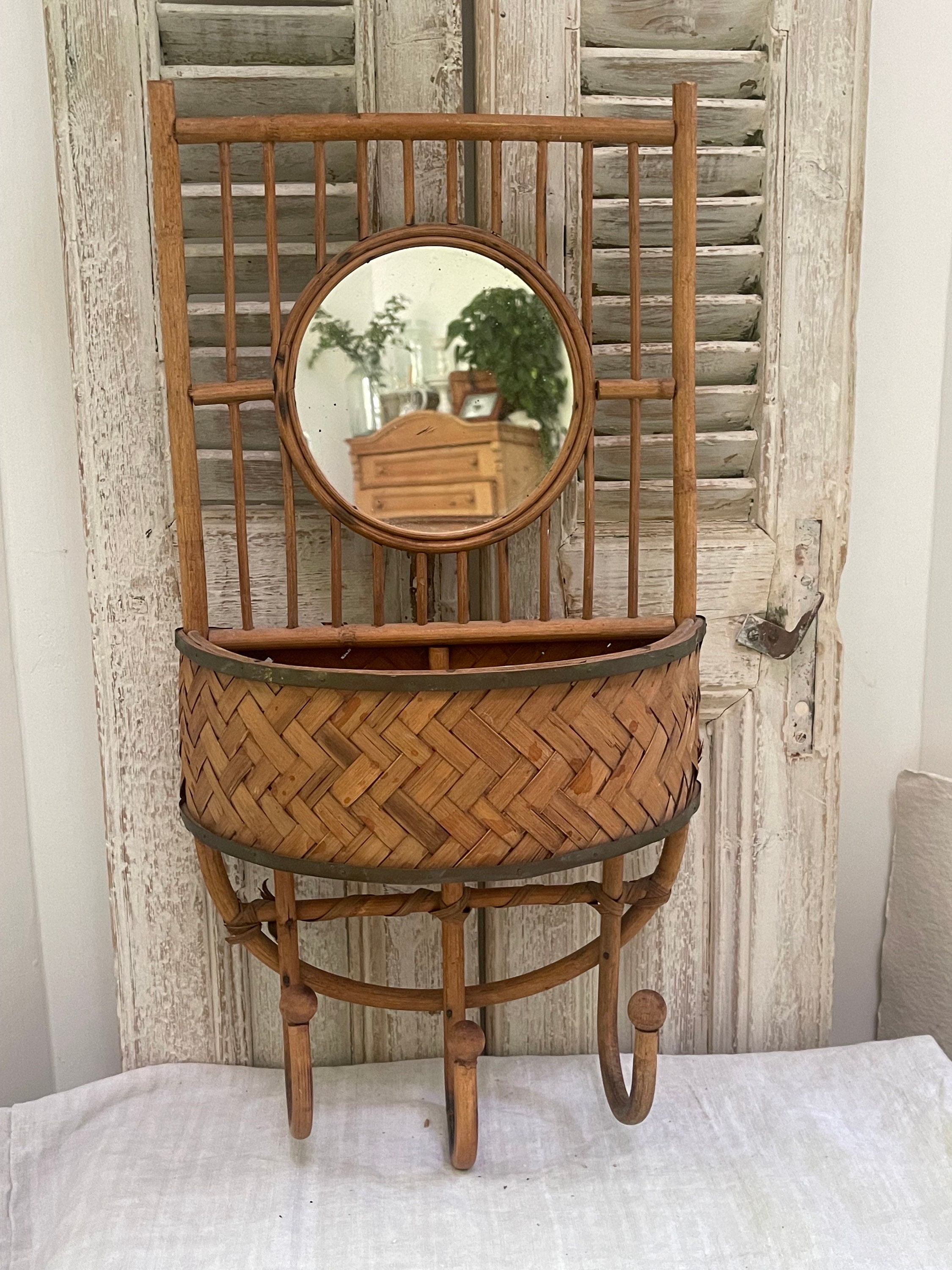 Vintage Boho Chic, Rattan Wall Mirror With Coat Hooks and