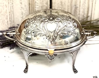 FB Rogers Silver Plate Butter Dish: Lion Footed Roll Top With