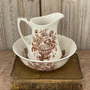 English Alfred Meakin England, Brown Ironstone Pitcher and Bowl in