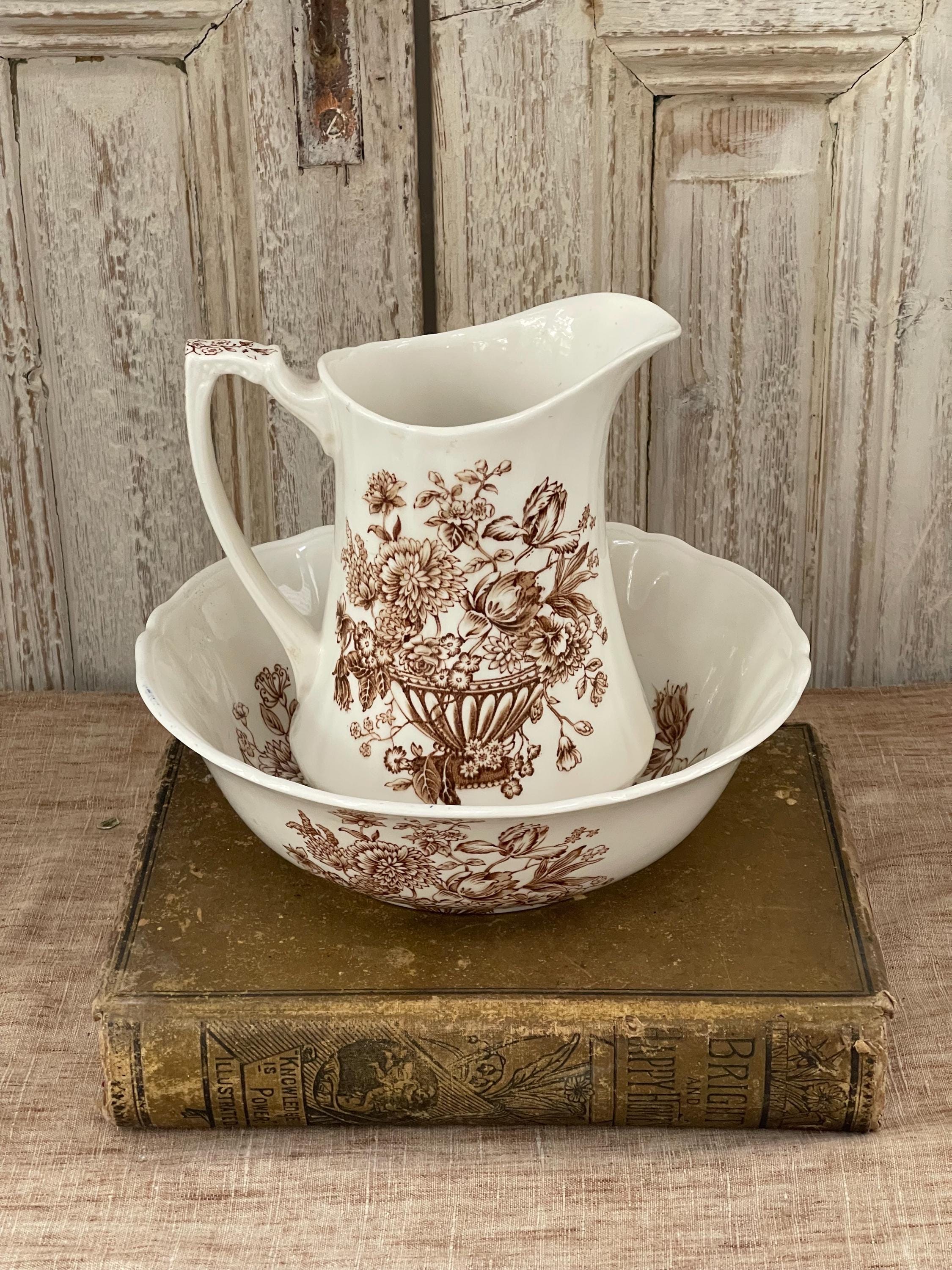 English Alfred Meakin England, Brown Ironstone Pitcher and Bowl in