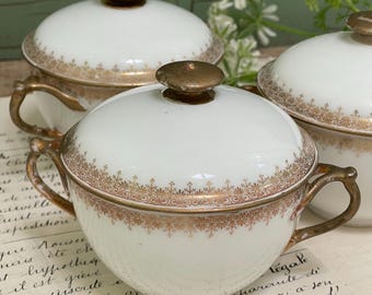 French D & C co filigree border Limoge bouillon bowls with lid, 3 available